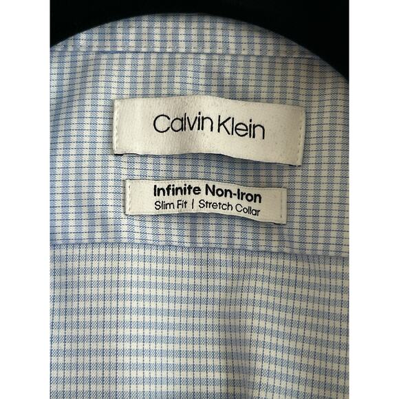 Calvin Klein Infinite Non-Iron Slim Fit Size 17 32/33 Blue and White Checked - Picture 2 of 4